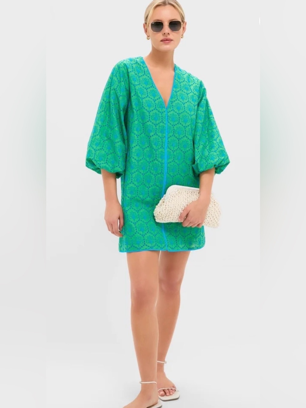 Tuckernuck Hyacinth House Seafoam Palm Eyelet Mini Arem Caftan Dress Size L